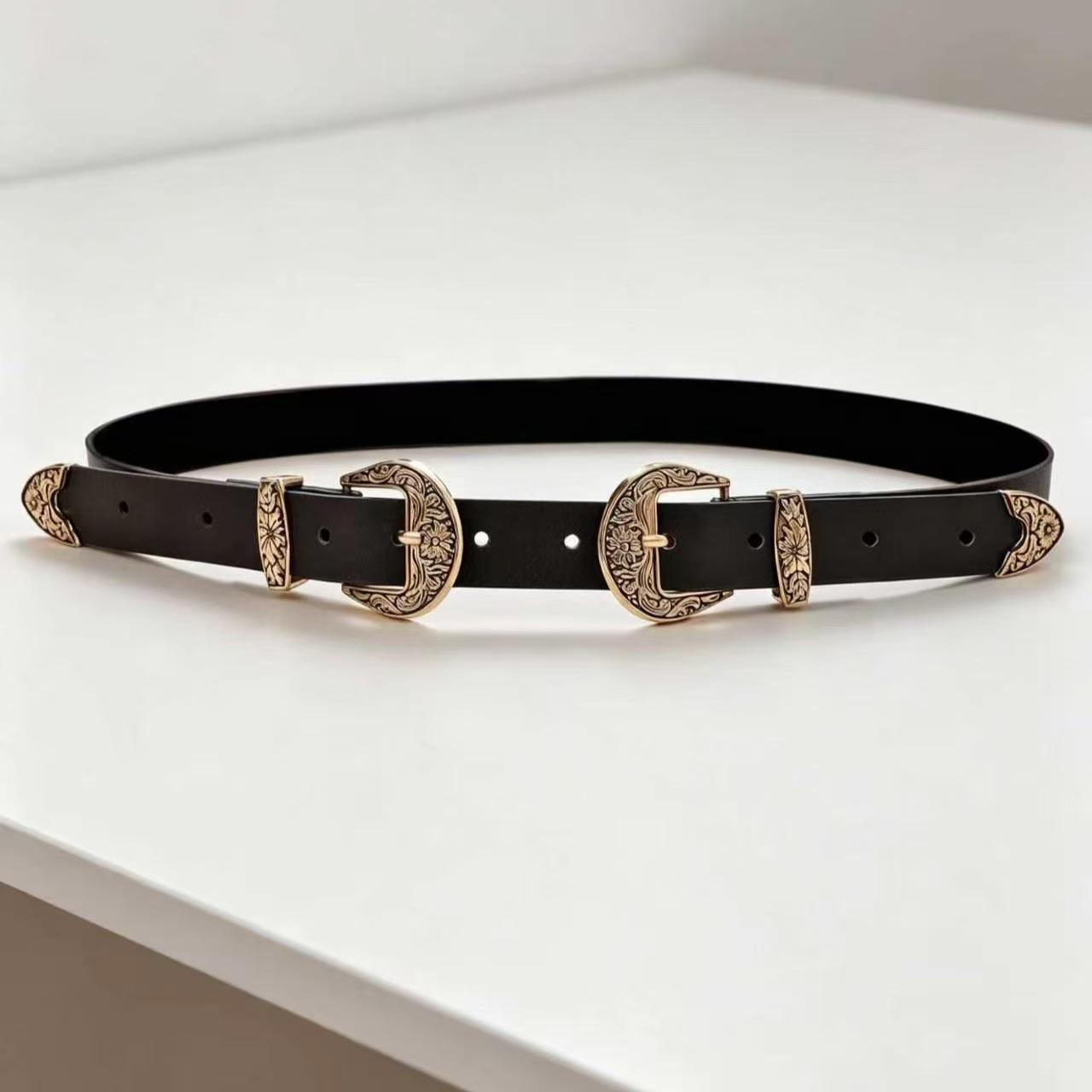 Women s Double Buckle Retro Metal Belt - Versatile PU Leather for Jeans