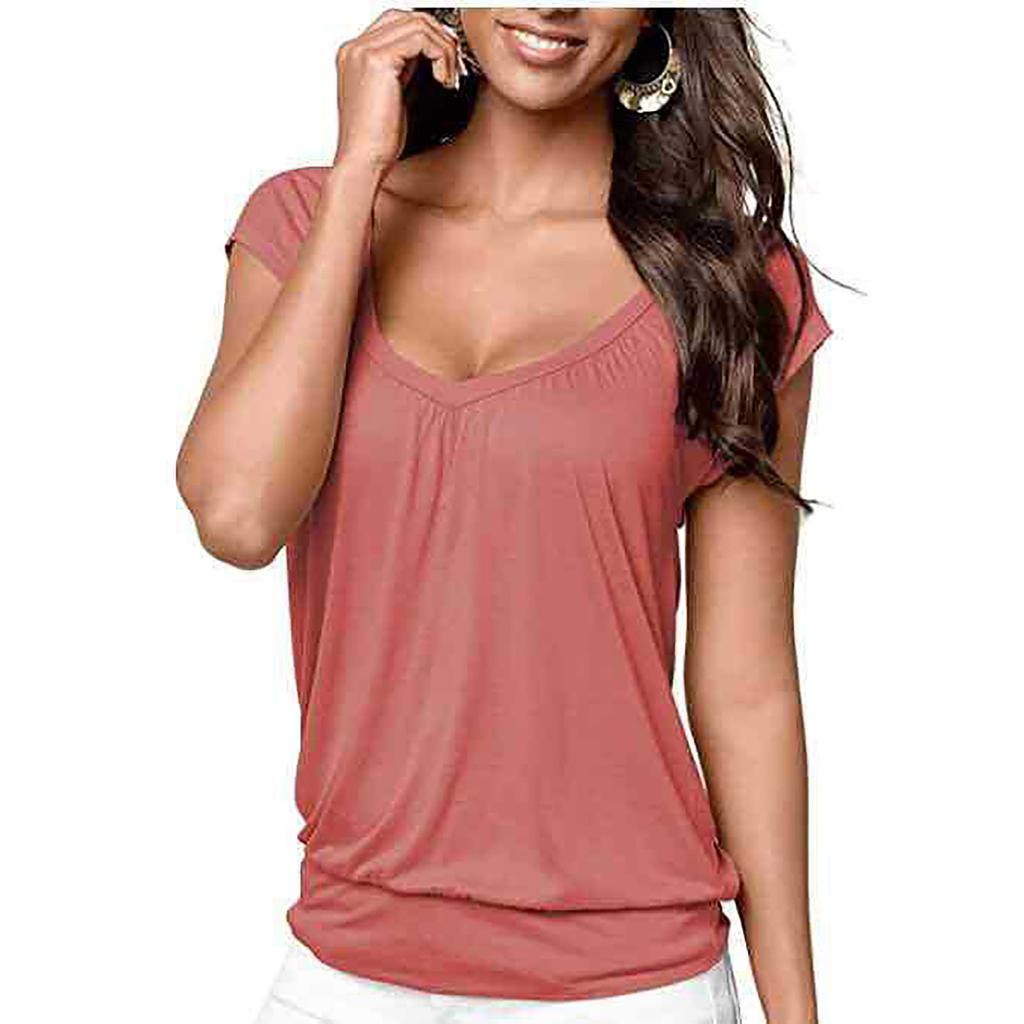 Women's  Summer Loose  V-neck  Solid Color Elastic Pleate Short-sleeved T-shirt