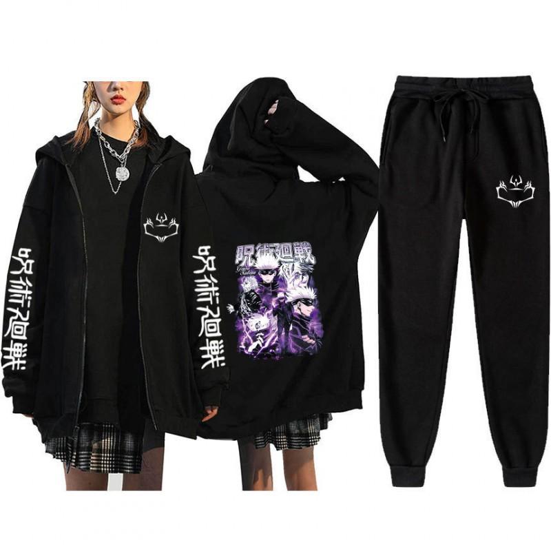 Unisex Winter Casual Sport Set With Anime Print Hooded Zip-Up Sweatshirt Jogger Pants Cotton Blend