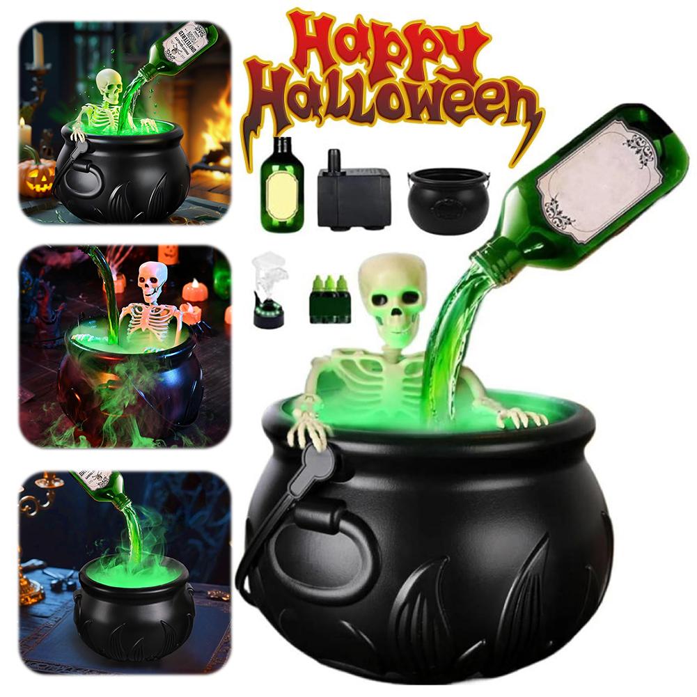 Spooky Witch Mist Maker Cauldron with Floating Bottle Plastic Cauldron & Skeleton Halloween Decor Cauldron Horror House Decor