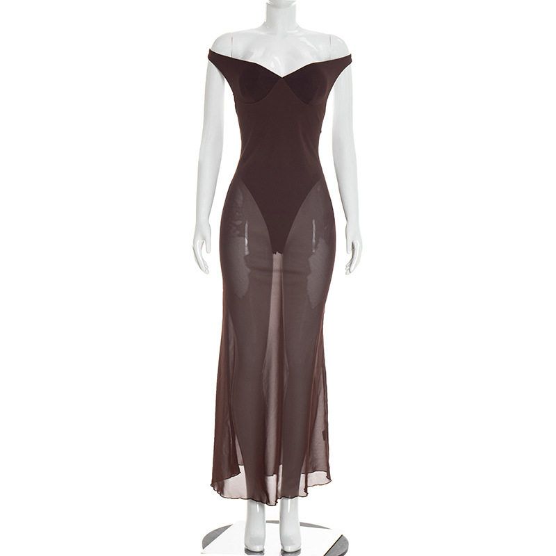 

Y26Ds068 European and American Style Cross-Border Women s Spring and Summer Amazon New Sexy and Elegant One-Shoulder Backless Dress Brown M