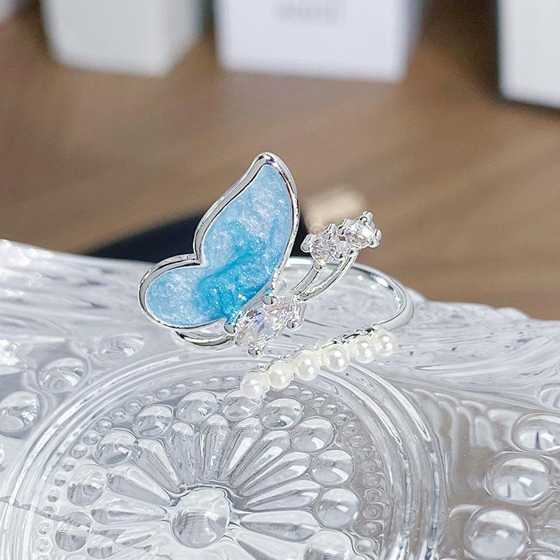 Small Fresh And Cool Butterfly Blue Enamel Dripping Oil Opening Ring Niche Light Luxury High-End Feeling Stacked Ring Woman