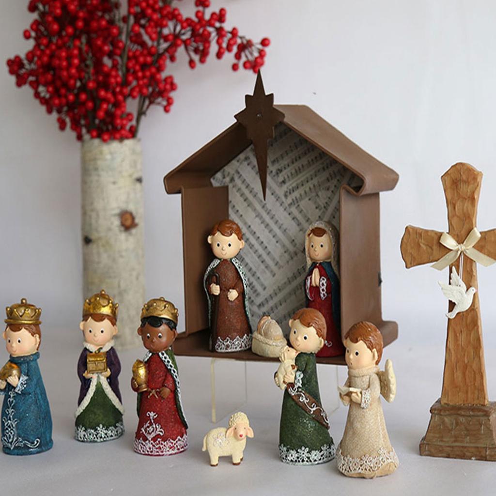 Christmas Christ Nativity Resin Statue Scene Set Manger Holy Figure Statue Ornament Crafts for Home Bedroom Room