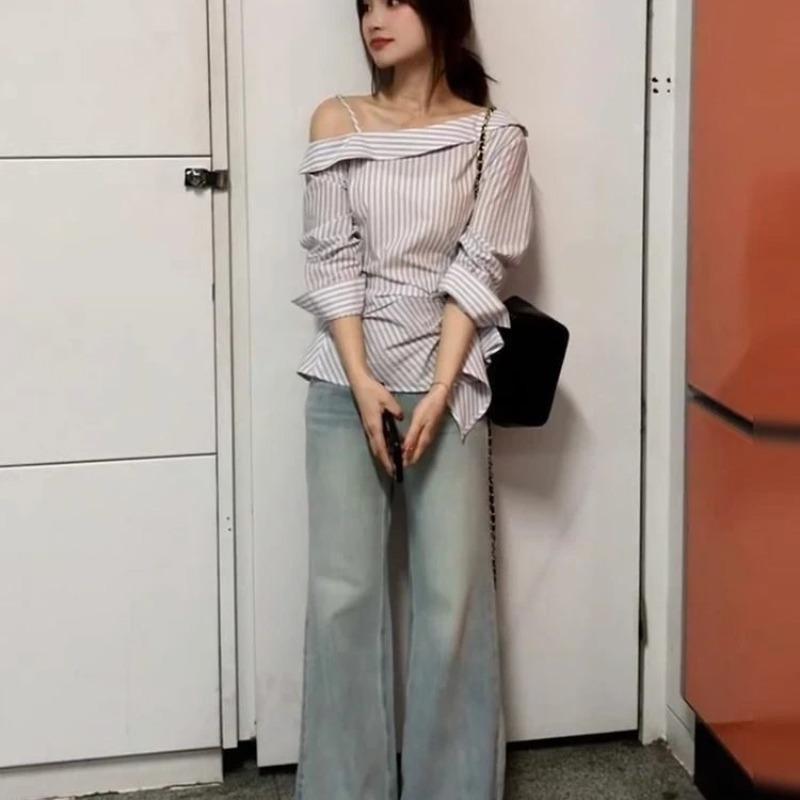 

Autumn Striped Off-shoulder Long-sleeved Shirt with Waist Slimming Design Niche Unique Shirt Top 3XL сірий