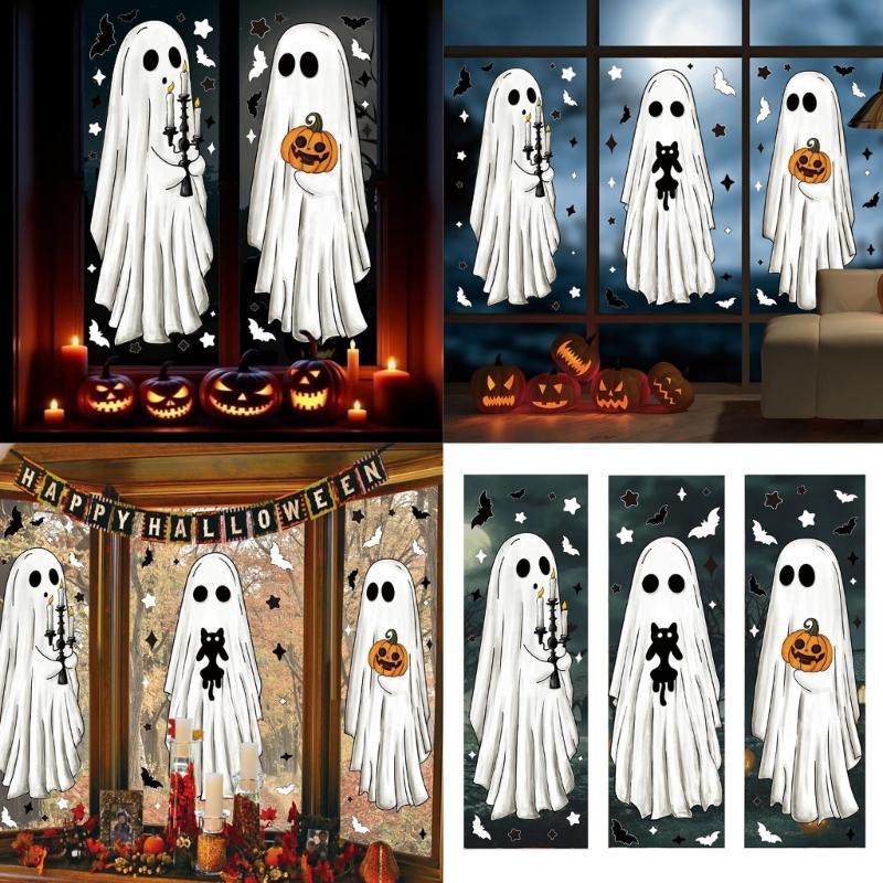 Reusable Plastic Window Sticker Set Horror Large Ghostly Designs Static Cling Halloween Decorations Easy Installation