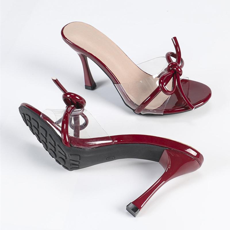 Fashion Liyke Designer Red Patent Leather Bowknot Women Transparent Slippers Sandal Summer 9CM Thin High Heels Shoes Female Mules Slides