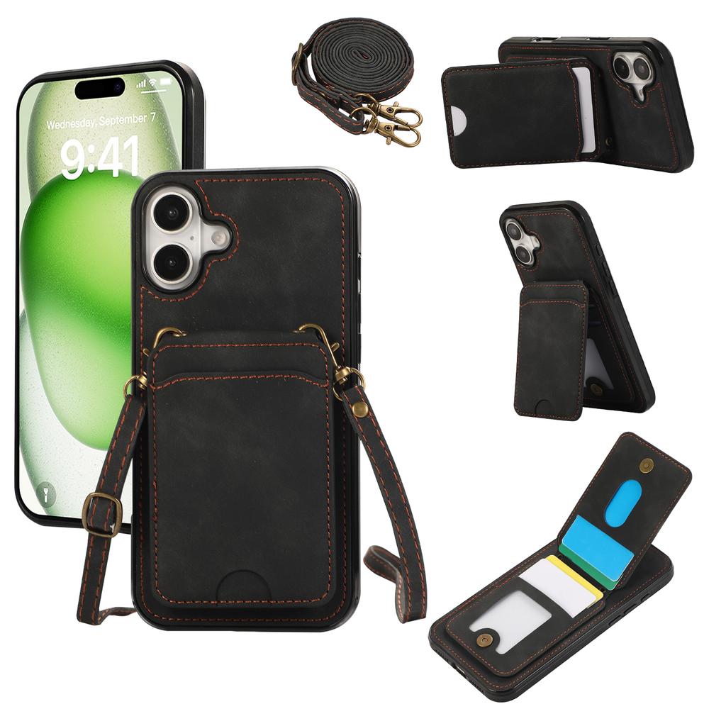For iPhone 16 Case Card Holder Kickstand Leather+TPU Phone Cover with Shoulder Strap