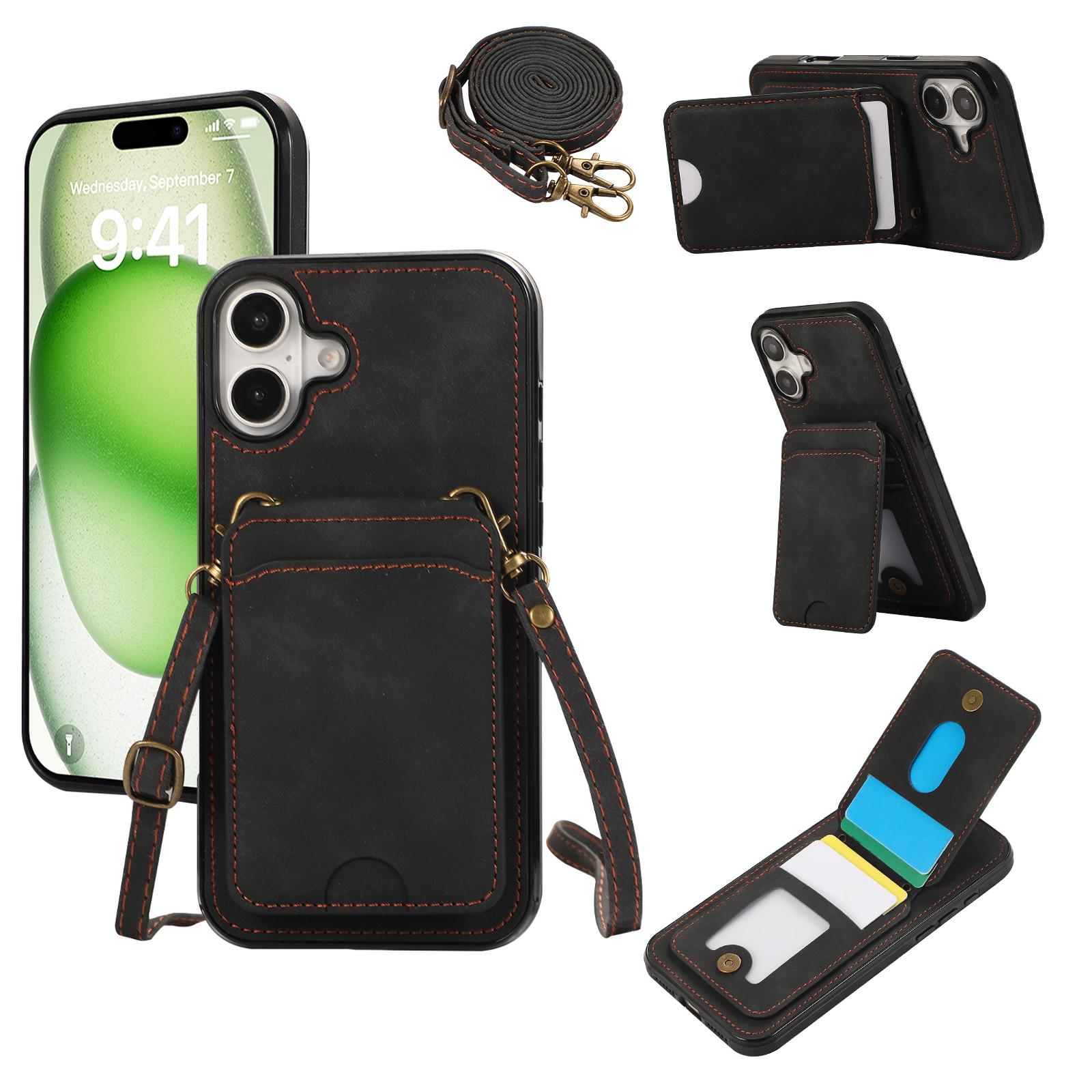 

For iPhone 16 Case Card Holder Kickstand Leather+TPU Phone Cover with Shoulder Strap Black