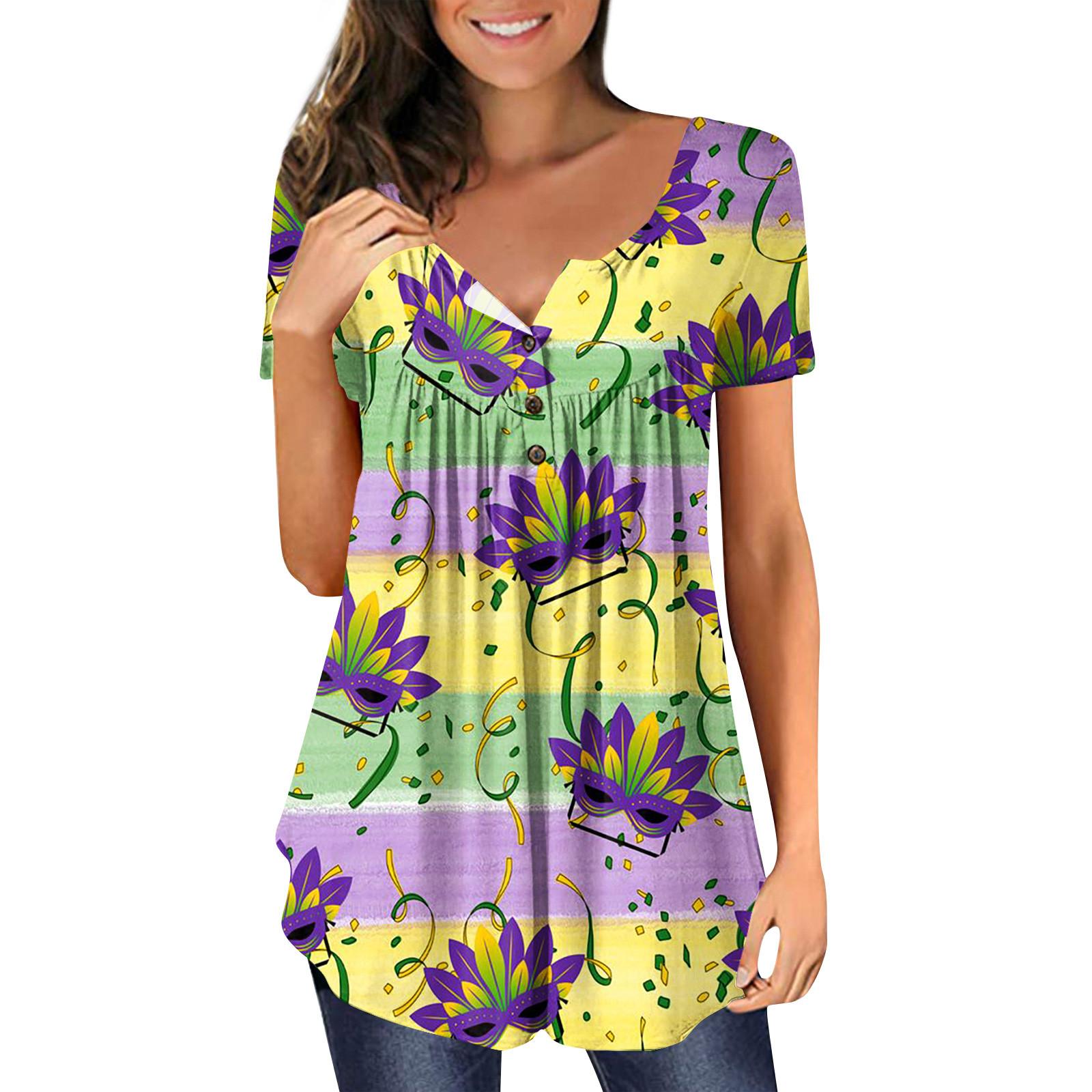 

Women s Fashionable Casual Short Sleeve V-Neck Carnival Carnival Printed Button T-Shirt Top XXL фиолетовый
