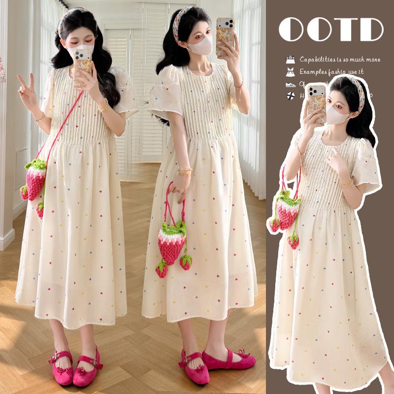 2026 Summer Korean Style Sweetheart High Waist Maternity Dress with Pleated Short Sleeves Extra Large