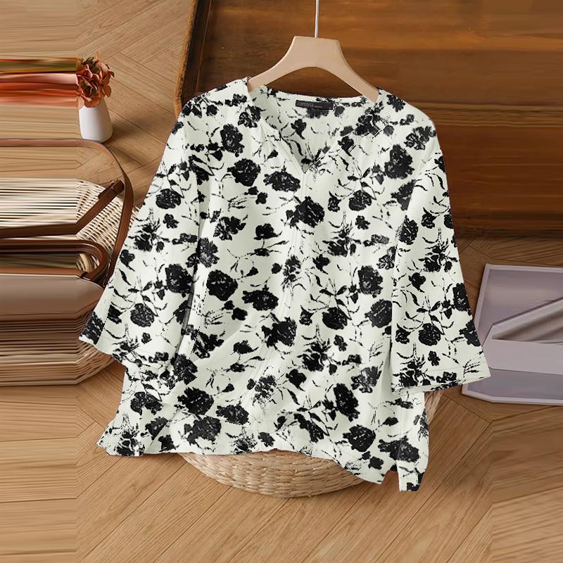 

ZANZEA Женская повседневная блузка с V-образным вырезом, свободным рукавом 3/4 и принтом XL белый