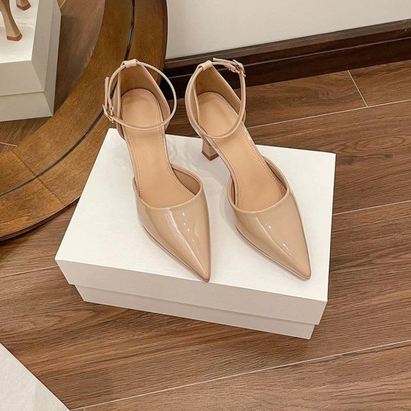 Fashion Platform One Strap High Heels Women's Medium Block Heel Summer New Pointed Toe Black Single Sandals