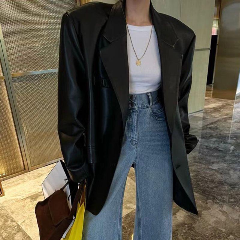 Premium Loose PU Suit Jacket Women with Non-Cracking Padded Shoulders Spring Autumn Fashion Plus Size Suit Female