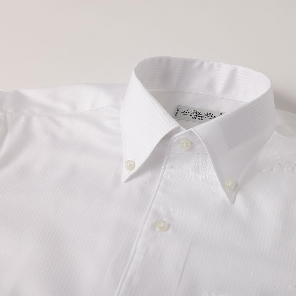 HITOYOSHI Easy Care Shirt Long Sleeve 10 Sizes Dobby Hitoyoshi Dress Shirt Cotton LB-PB1 [Button Down/White Stripe/40-82] Men's 100%