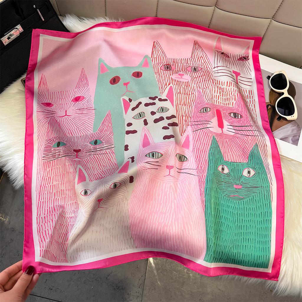 New Women Square Scarf Cute Cat Cartoon Print Neckerchief Bandana Lady Shawl Scarves Wrap Head Hair Band Ties