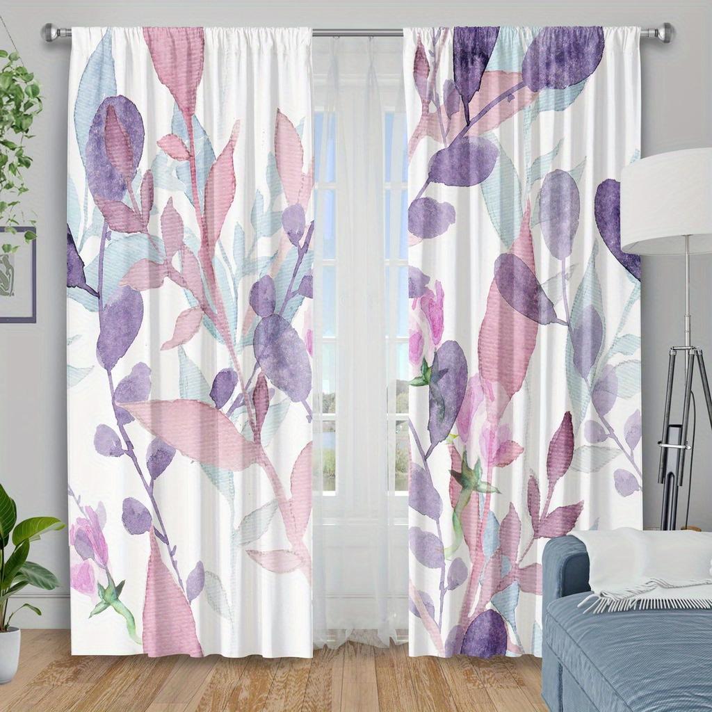 2er Set Vorhänge mit Blattmuster, Polyester, maschinenwaschbar, geeignet für Schlafzimmer-, Wohnzimmer-, Küchendekoration