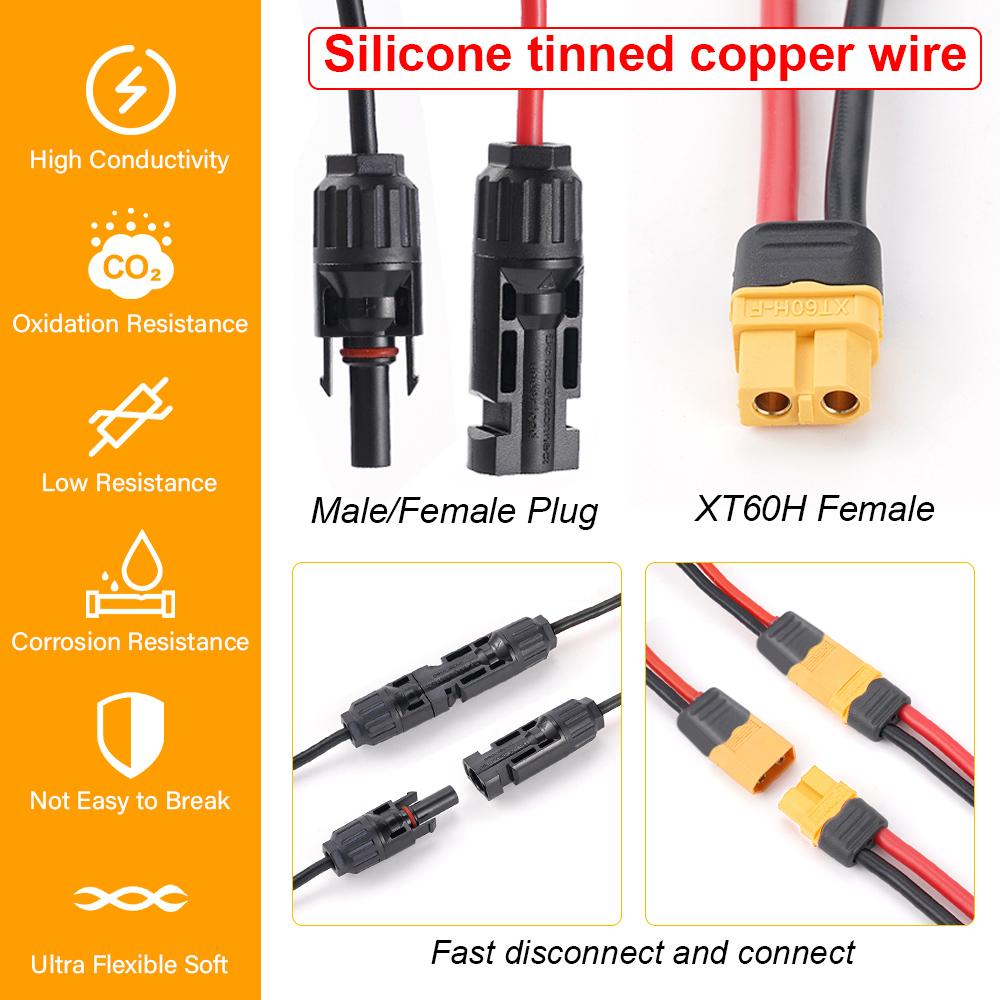 XT60H Female Connector Adapter To Solar Connector 12AWG High-quality Silicone Tinned Copper 60CM Extension Cable Waterproof Conn