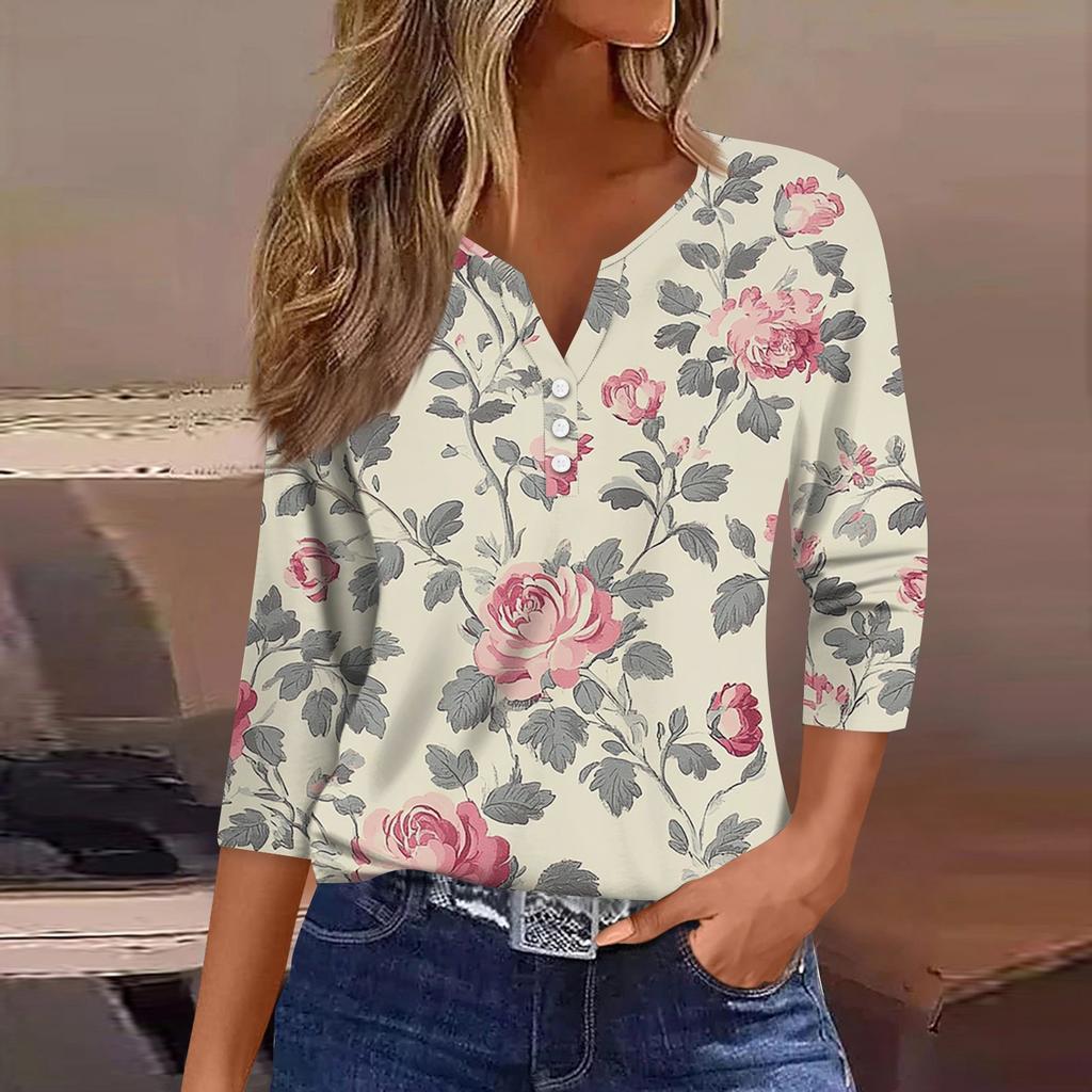Women's T Shirt Tee Print Button 3/4 Sleeve Daily Weekend Fashion Basic V Neck Regular Top