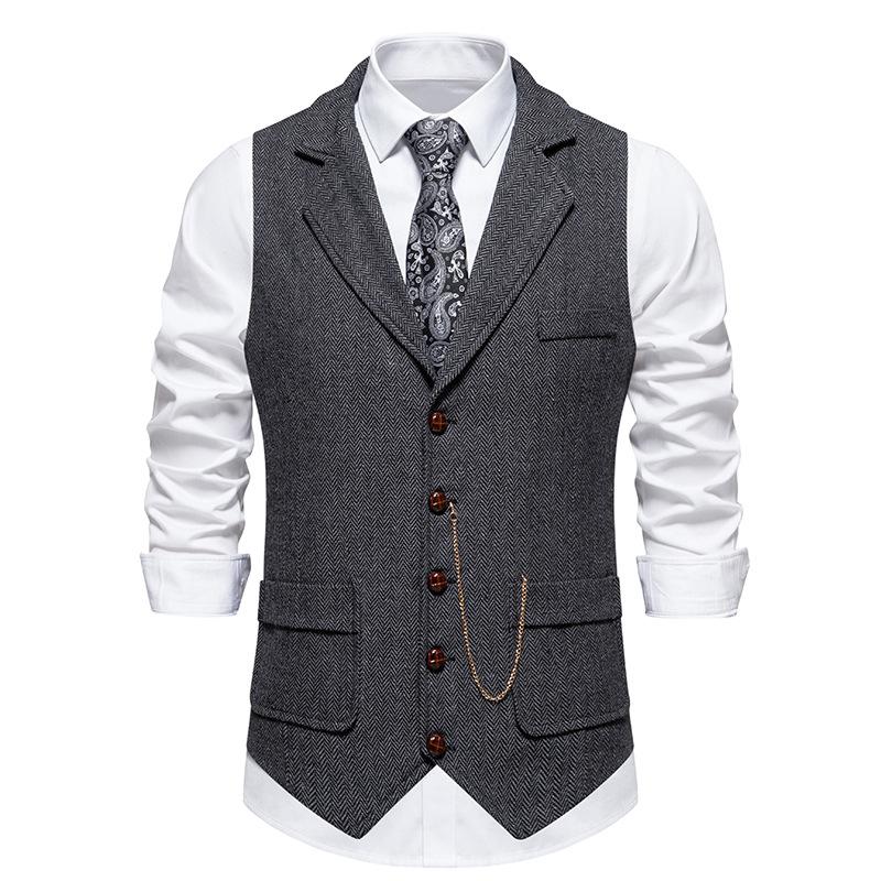 Gilet da uomo retrò con risvolto, alla moda, in tweed grezzo, con tasche, stile casual britannico, vintage, da gentiluomo, per il tempo libero, da festa