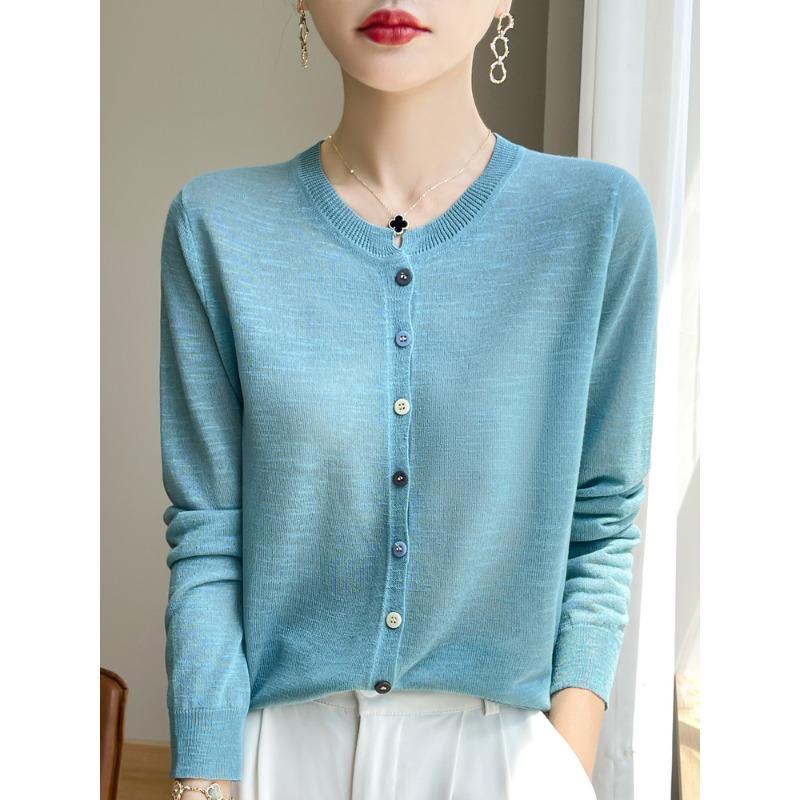 

Тонкий вязаный кардиган с длинными рукавами, женская летняя солнцезащитная куртка с круглым вырезом, рубашка с кондиционером, топы XXL озеро синий