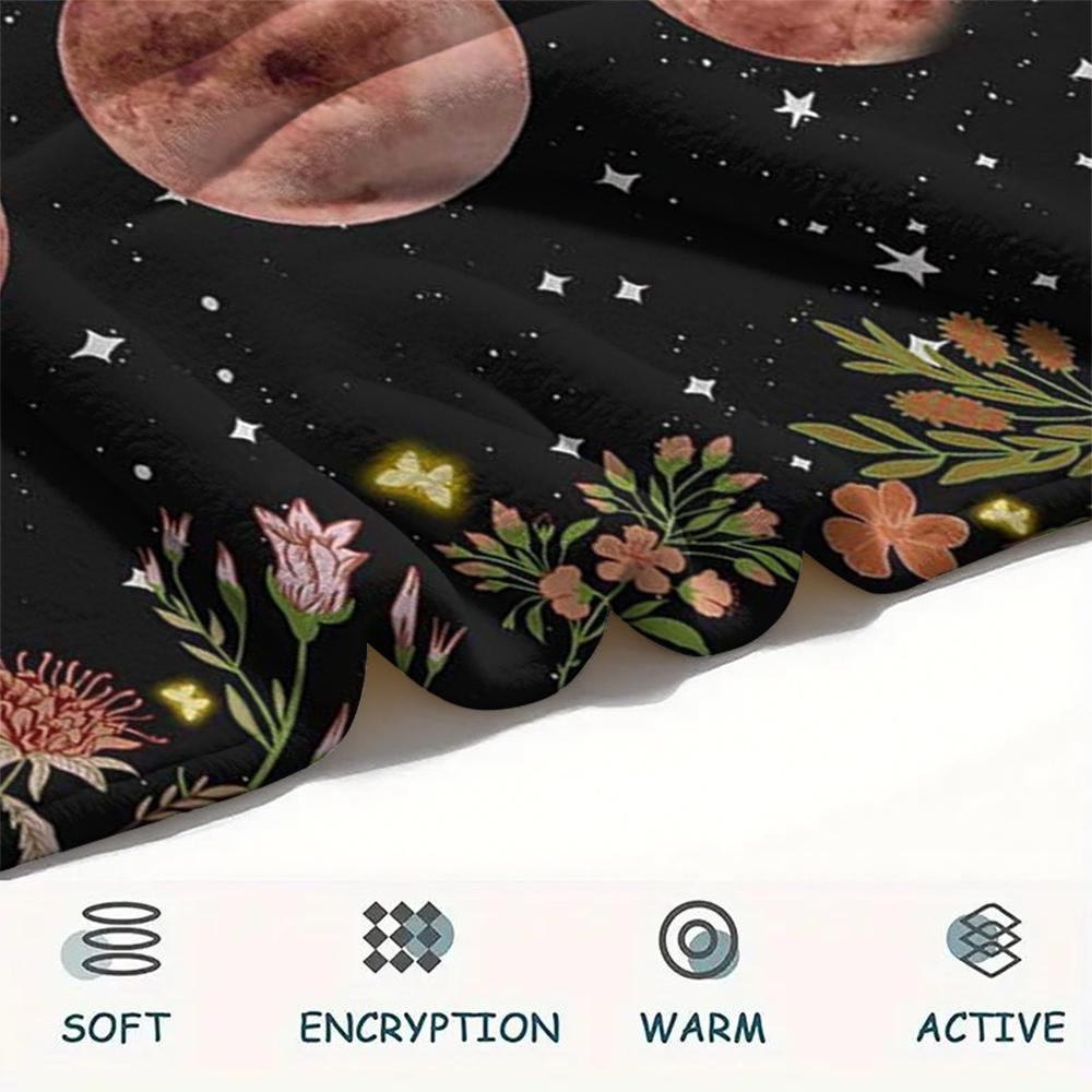 1Pc Floral Moon Print Flannel Blanket, High Quality Comfortable for All Seasons, Home Decor, Warmth and Comfort, Perfect for Gifts