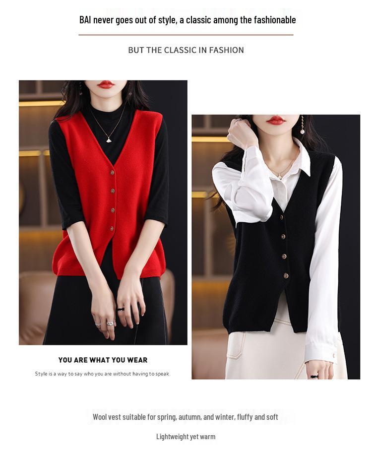 Women's V-Neck Wool Vest, Sleeveless Cardigan Sweater for Spring and Autumn