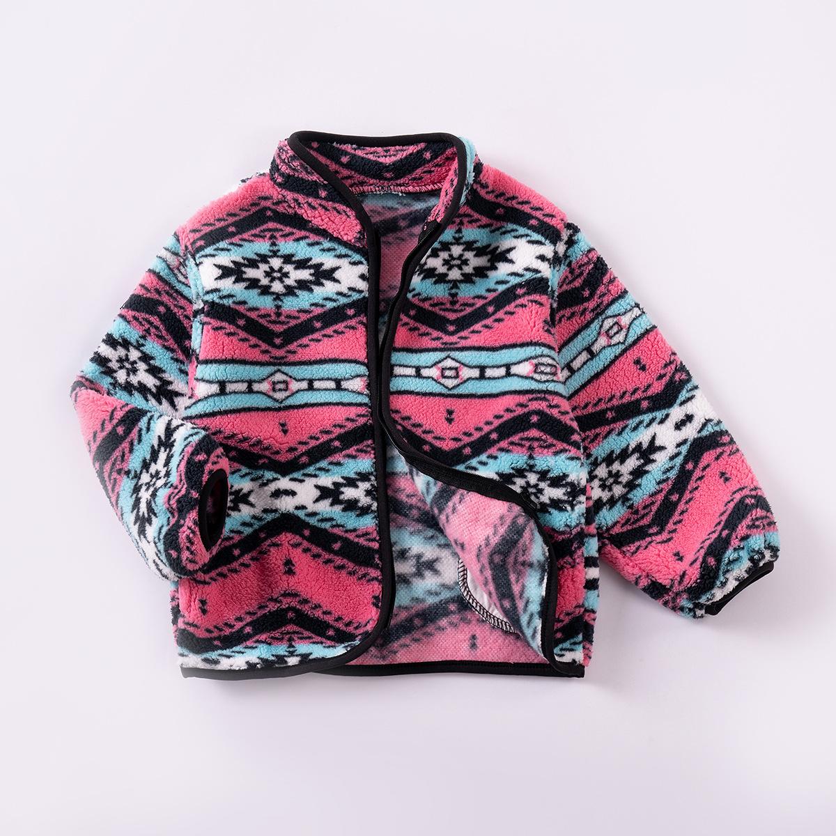 

Autumn and Winter New Children s Tops Boys and Girls Fleece Cardigan Ethnic Style Jacket Fashionable and Warm 130cm рожевий