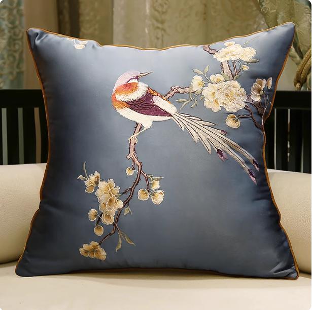 Housse de coussin en soie motif rose style chinois Housse de coussin bleu café lack style chinois Housse de coussin luxe oiseaux fleurs 40x60cm