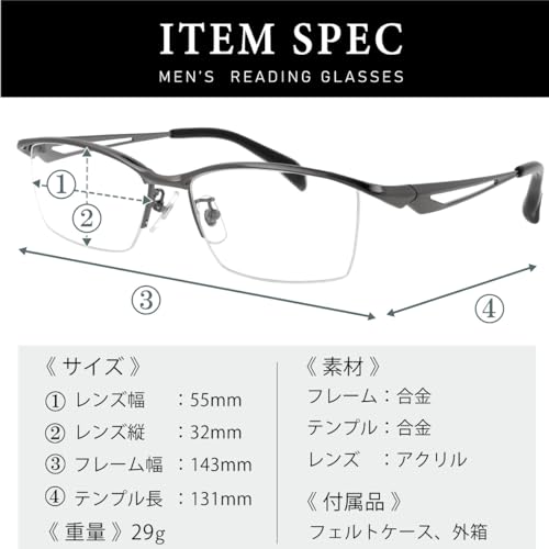 FEELLIFE Men's Stylish Reading Glasses, Nylon Gunmetal, Sabae Planning, Includes Package and Case, FLM-006-2, +2.50