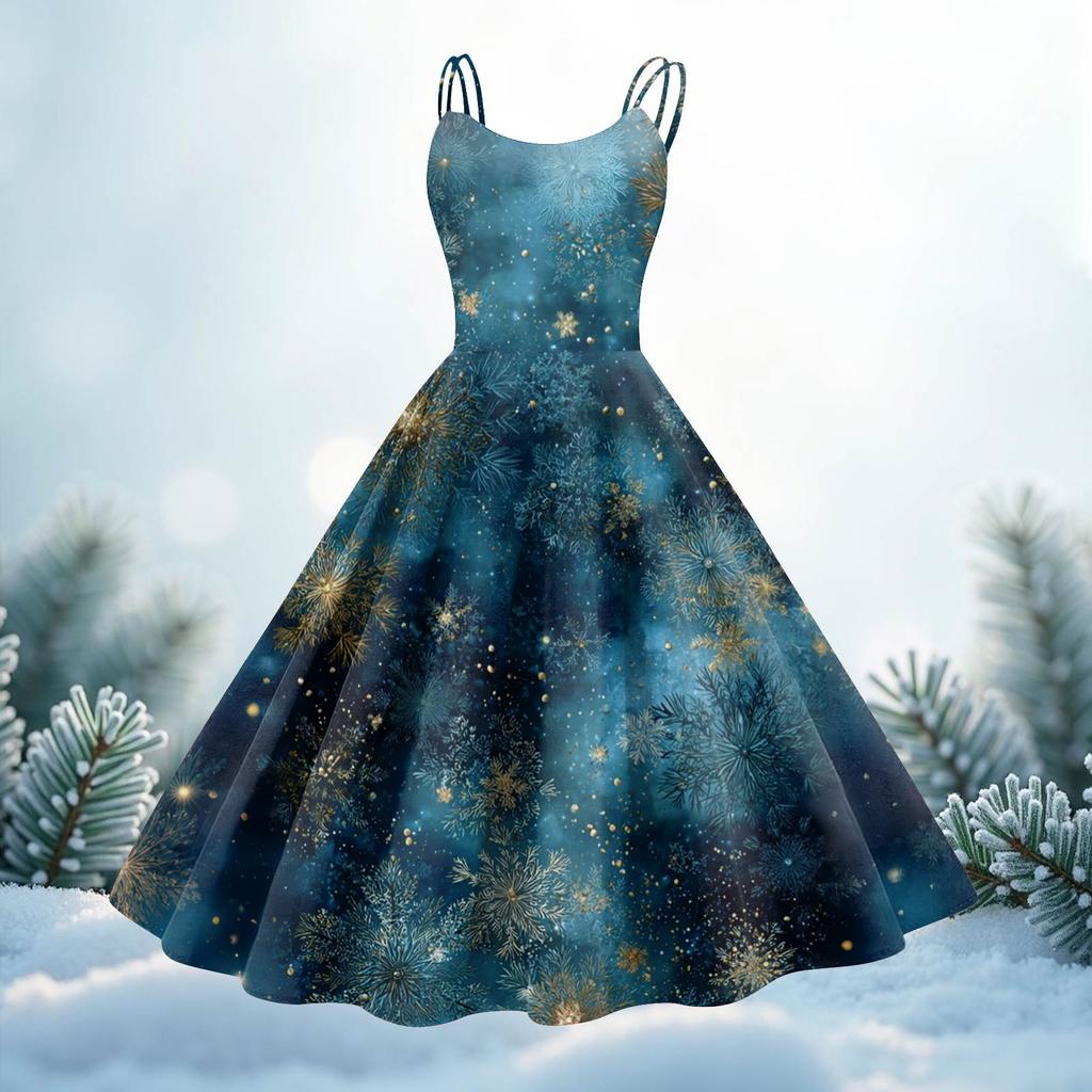 Women's Christmas Print Casual Fashion Round Neck Mid-Length Dress