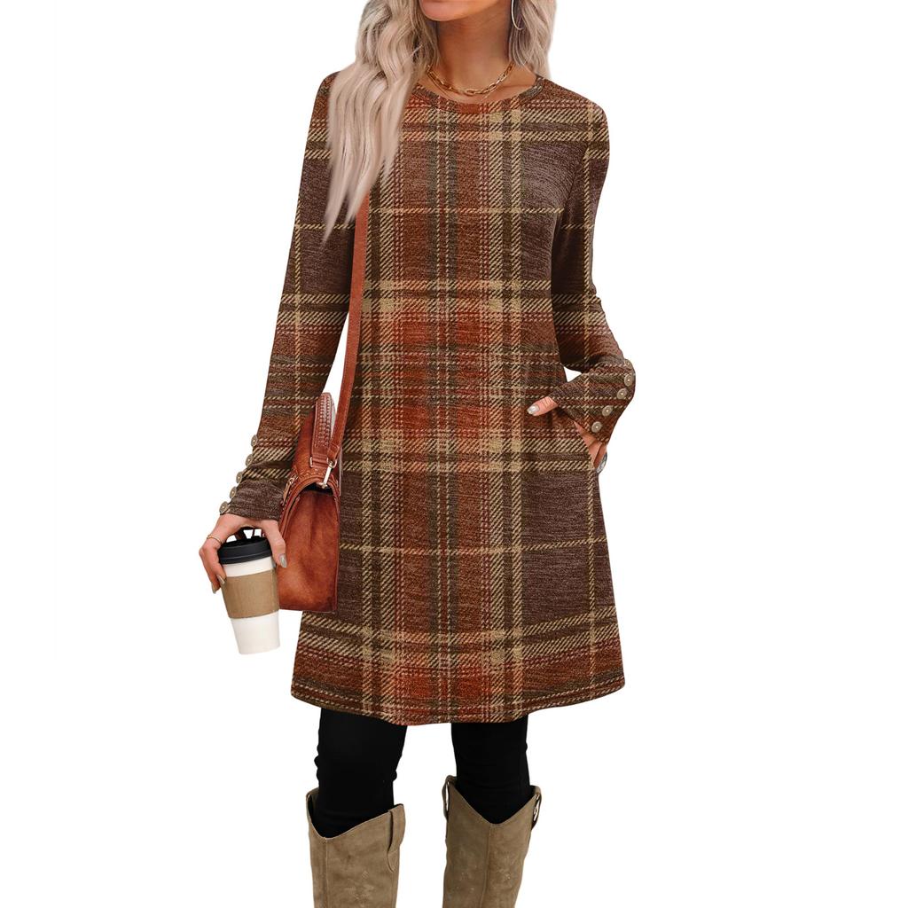 Abito Casual da Donna alla Moda con Tasche, Bottoni Decorativi, Scollo Rotondo e Maniche Lunghe