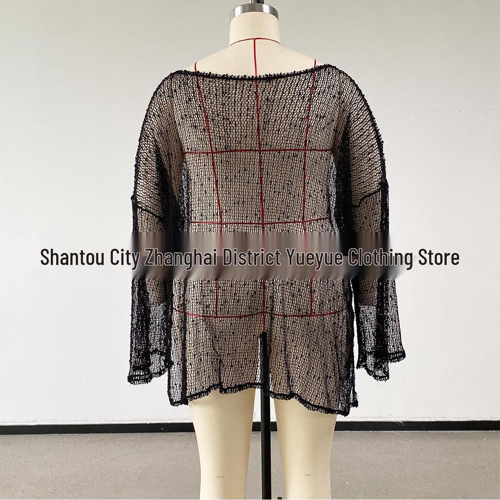 Plus Size See-Through Mesh Long Sleeve Beach Cover-Up with Side Slit