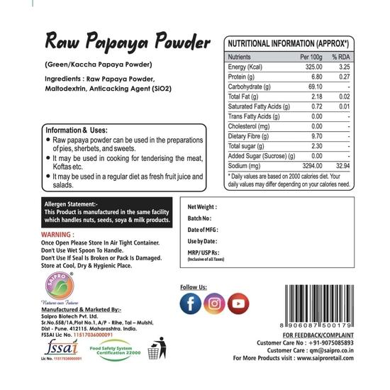 Saipro's EATERY HARVEST Raw Papaya Powder, Unripe, Green Kaccha Papaya Powder, Kachri Powder 1 Kg (500 G*2 Packs) Useful for Food