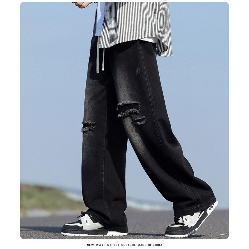 Spring and Autumn Ripped Waist Belt Straight Jeans Men's Trendy Brand Retro Old Loose American Casual Denim Pants
