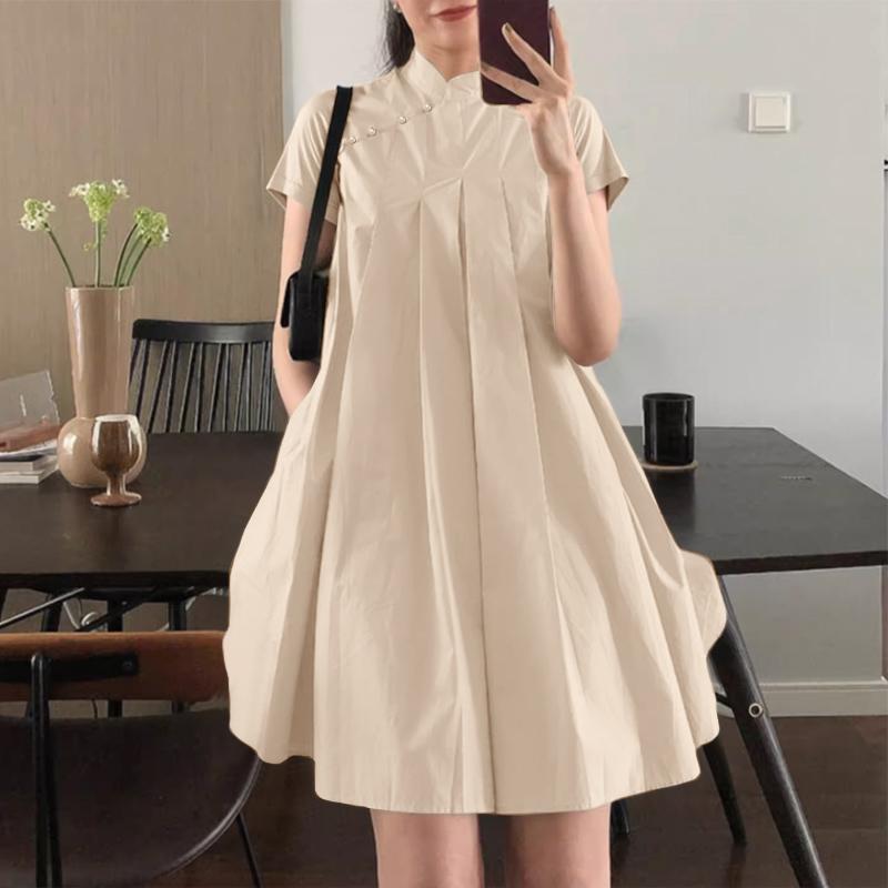 

ZANZEA Женское летнее повседневное платье свободного покроя с воротником-стойкой и коротким рукавом L абрикосовый