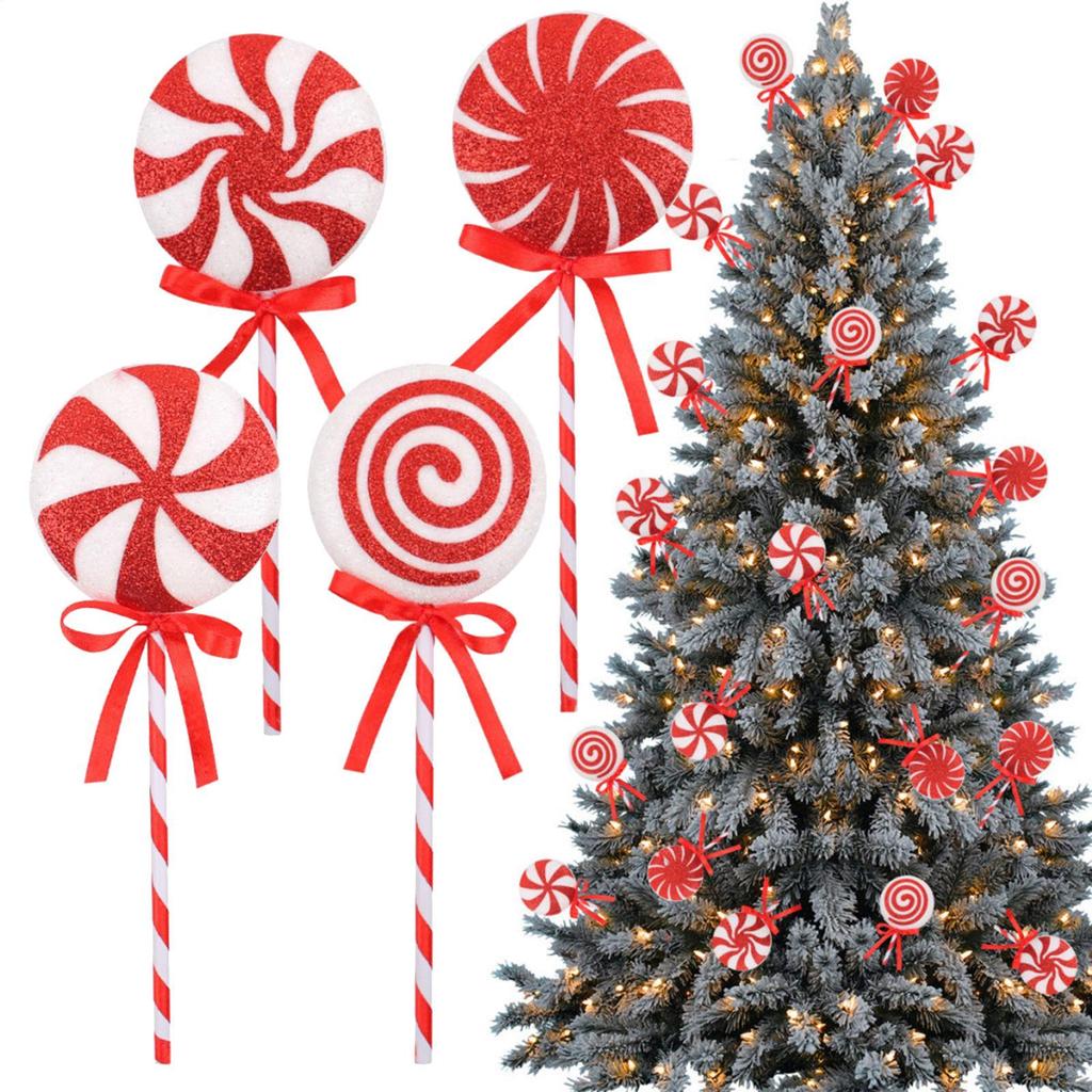 4pcs Christmas Tree Lollipop Decoration Red And White Color Foam Lollipop Big Stick Candy Props For Home Party Decor Xmas Gift