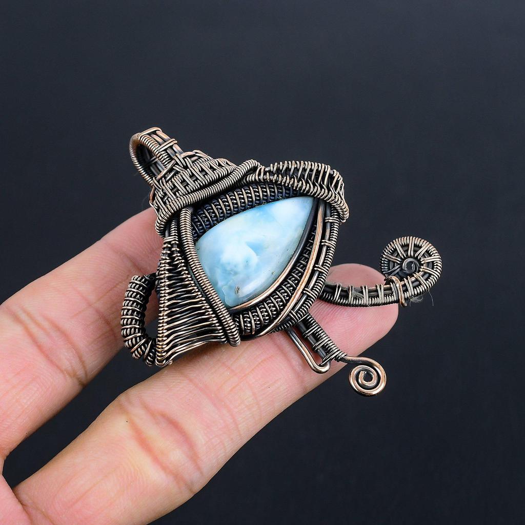 Larimar Pendant Gemstone Jewelry, 999 Copper Wire Wrapped Pendant, Handmade Jewelry Birthstone Pendant, Gift For Him