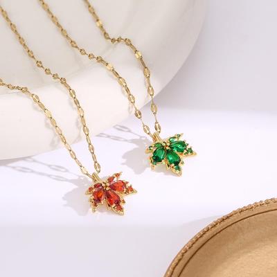 Purple Maple Leaf Zircon Necklace - Fashionable, Simple, Fade-Resistant Titanium Steel for Women