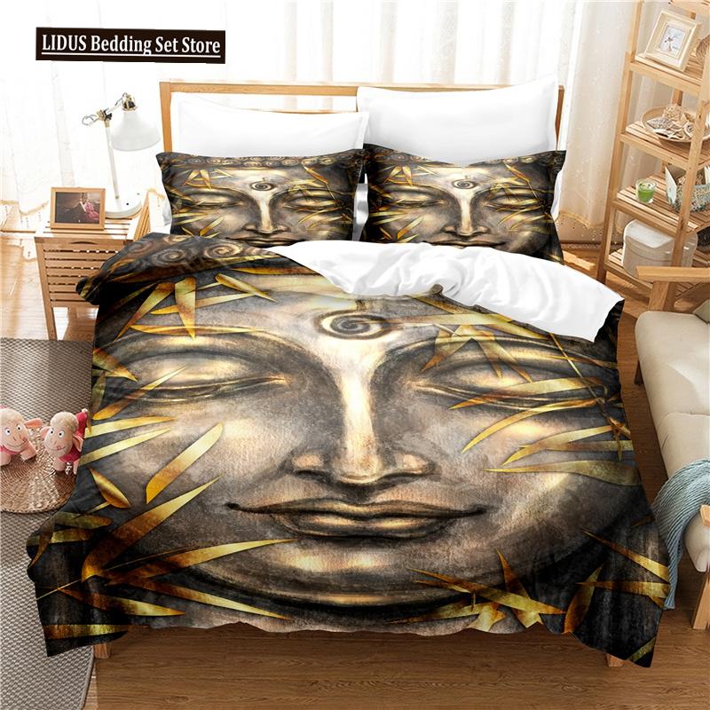 Buddha Statue Duvet Cover Set 3D Digital Printing Gold Queen King Size Bedding Set For Kids Boys Girls Polyester Comforter Set