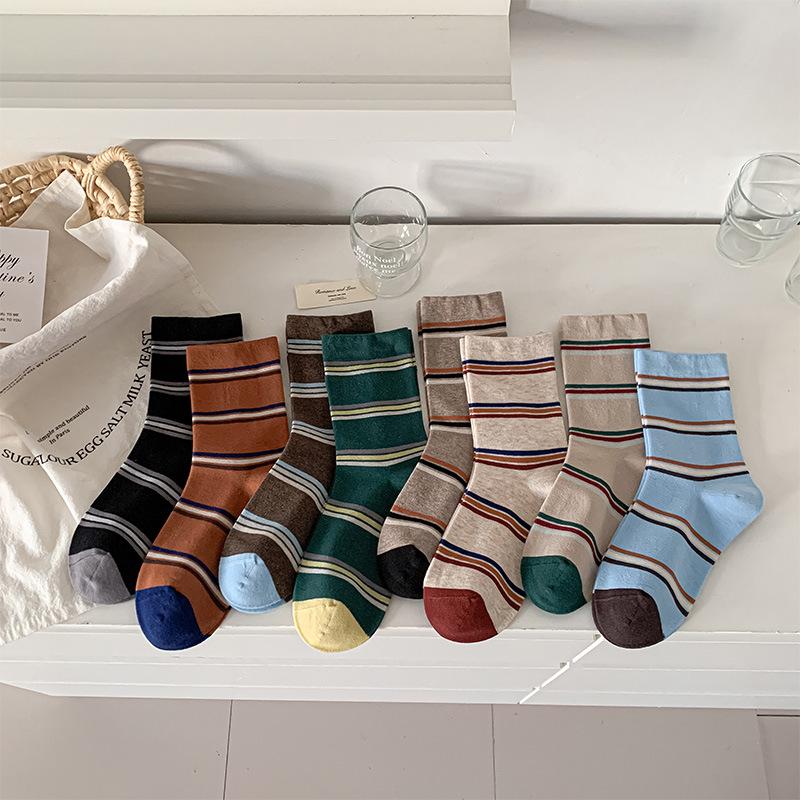 Retro Maillard Coffee Striped Mid-Calf Socks for Women - Autumn/Winter Academic Style Fashion Block Korean Loose Fit.