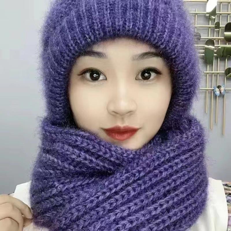 Womens Warm Knit Hat Scarf One Piece Woolen Thermal Hat with Ear Protection Windproof Winter Outdoor Accessories Christmas Gift