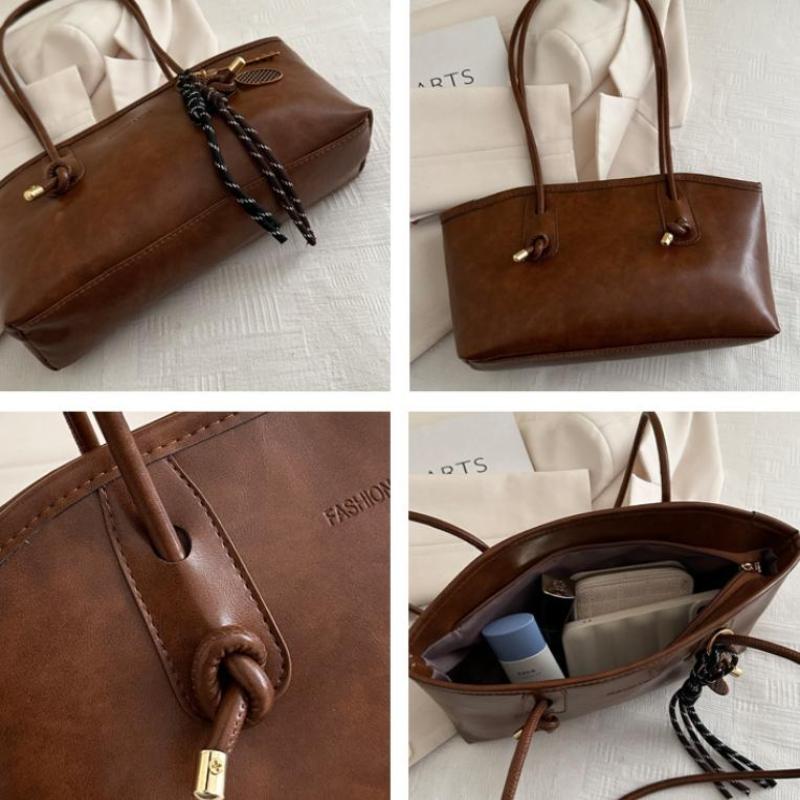 Retro PU Leather Tote Bag Large Capacity Cute Decorative Pendant for Work Student School Casual Daily Carry