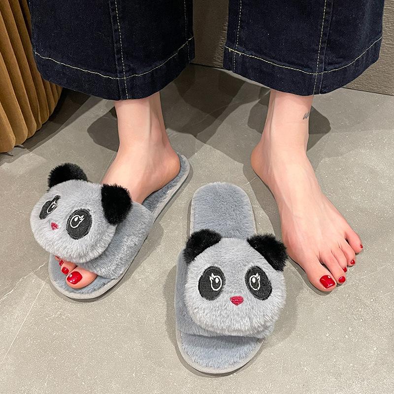 Cartoon Panda Herbst- und Winter-Baumwollpantoffeln Haushalt Niedliche Indoor-Plüschpantoffeln Rutschfeste Flache Sohle Flauschige Einwort-Pantoffeln