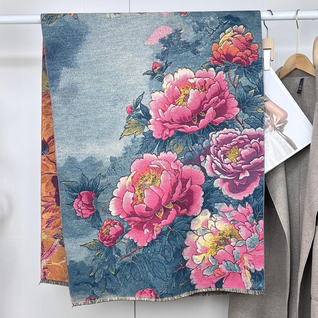 Autumn and winter national style plants and flowers new landscape painting elegant women imitation cashmere warm scarf fashion retro shawl