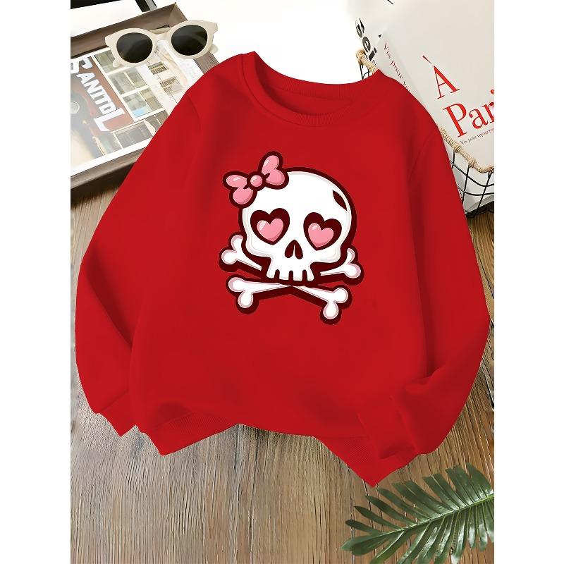 Kids Unisex Crewneck Sweatshirt, Cute Pink Bow Heart Eyes Skull Crossbones Print Long Sleeve Pullover, Kids Sweatshirt For Boys Girls Over 4 Years Old