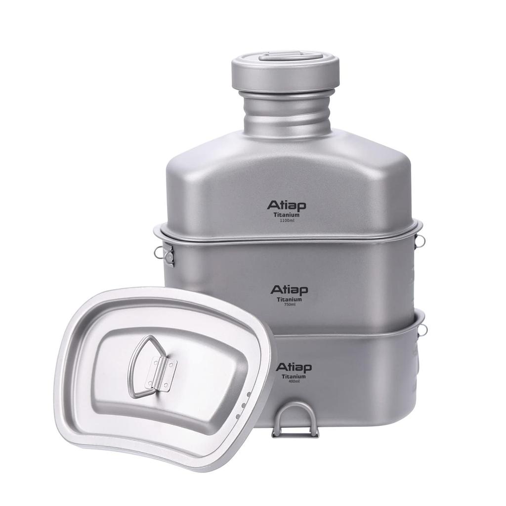 Titanium Canteen Mess Kit with Water Bottle Ultralight Portable 1100ML Pot with 750ML and 400ML Stackable Cups for Outdoor Camp Pot,