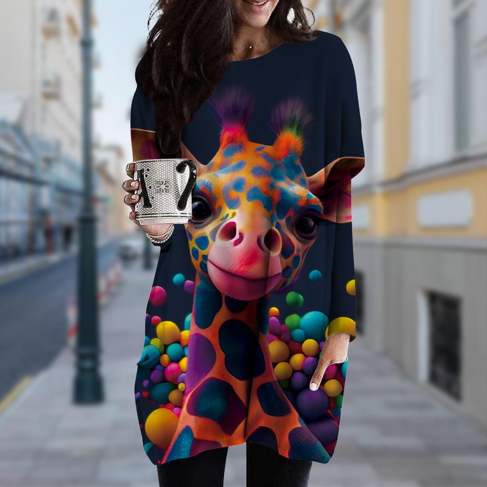 

Women s Giraffe Print Crew Neck Dress Spring Fall Plus Size Dress Pocket Dresse