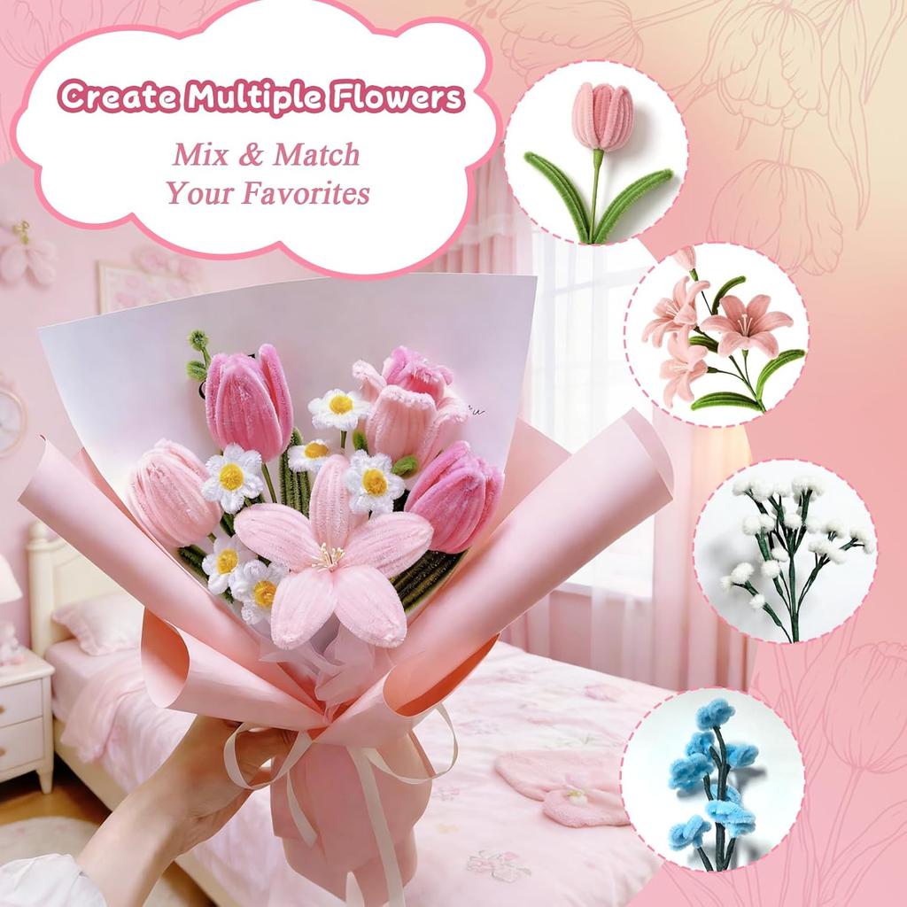 676PCS Pipe Cleaner Craft Kit – 5 Colors Pipe Cleaners for DIY Flowers, All in One Chenille Stem Art and Craft Supplies for Gift