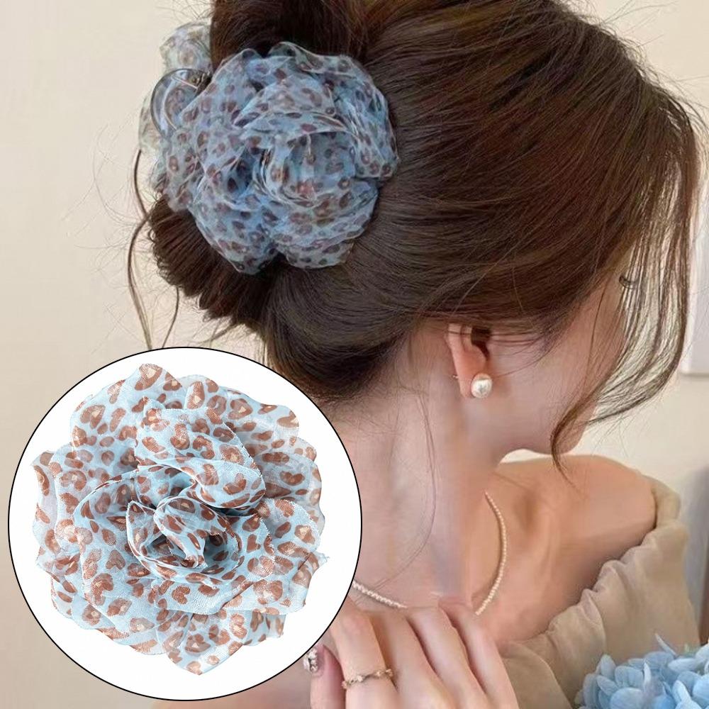 Fabric Flower Hair Claw Clip Floral Mesh Large Hair Grab Clip Leopard Print Hair Clip For Women