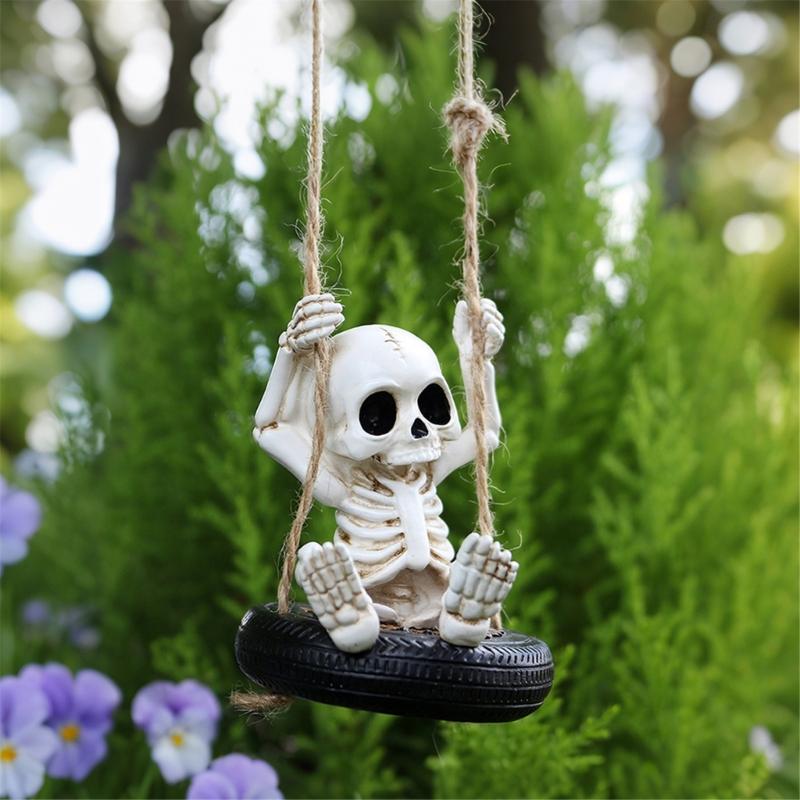Scary Skeleton a Swing Hanging Statue Garden Decors Tire Swing Skull Sculptures Hanging Ornament for Patios Lawn Yard